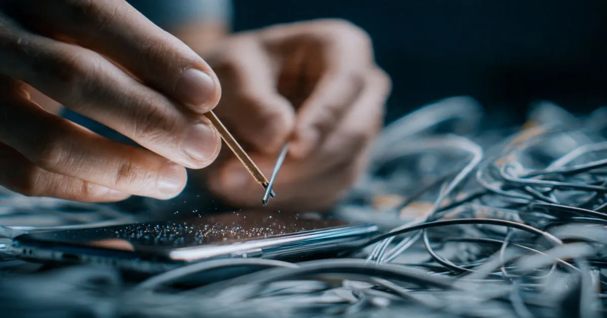 Technician cleaning lint from an Android phone USB-C port to fix connection issues.