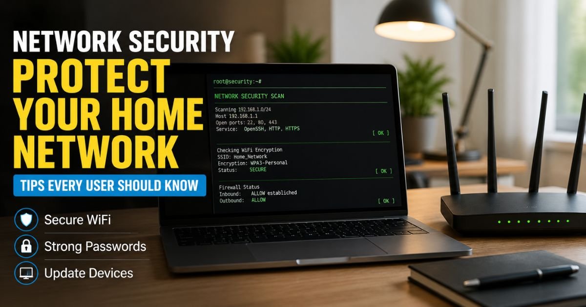 A clean, realistic shot of a home office desk with a laptop showing a network security command terminal interface next to a modern WiFi router.