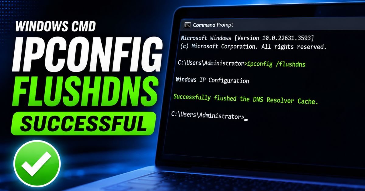 A close-up of a Windows Command Prompt window on a laptop screen showing successful ipconfig flushdns commands.