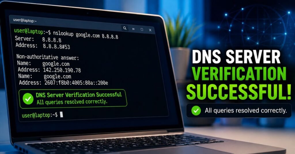 A close-up of a laptop screen running a terminal command window with successful DNS server verification output.