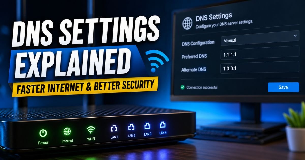 A close-up of a modern home WiFi router's status lights with a desktop computer monitor showing a clean DNS configuration screen in the background.