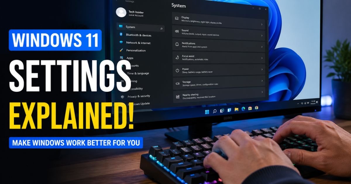 A close-up photo of hands typing on a mechanical keyboard in front of a monitor showing the Windows 11 settings menu.