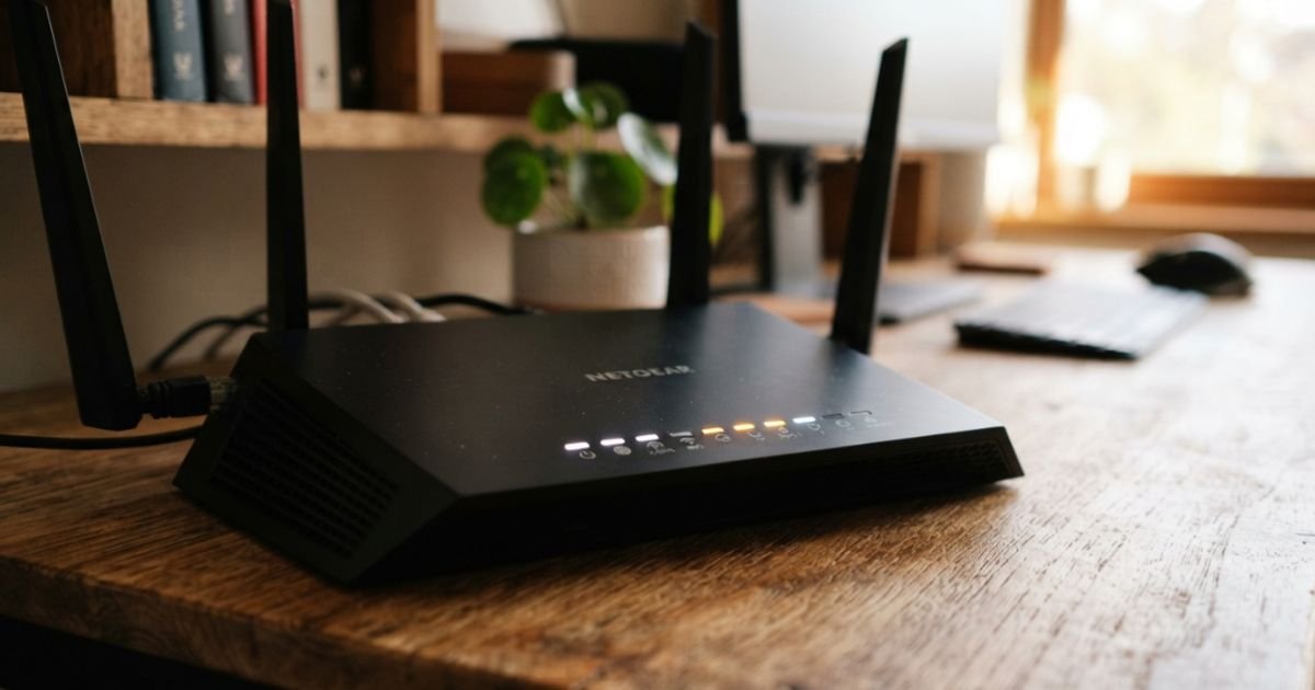 A close-up shot of a Netgear Nighthawk router on a wooden desk in a home office, showing its blinking LED indicator lights