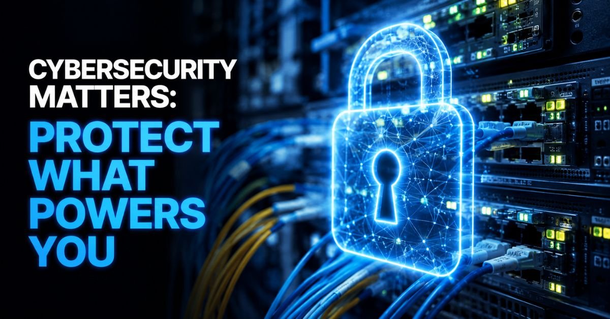A glowing abstract padlock symbol overlays a network server rack with fiber optic cables, high-tech cybersecurity concept, realistic style