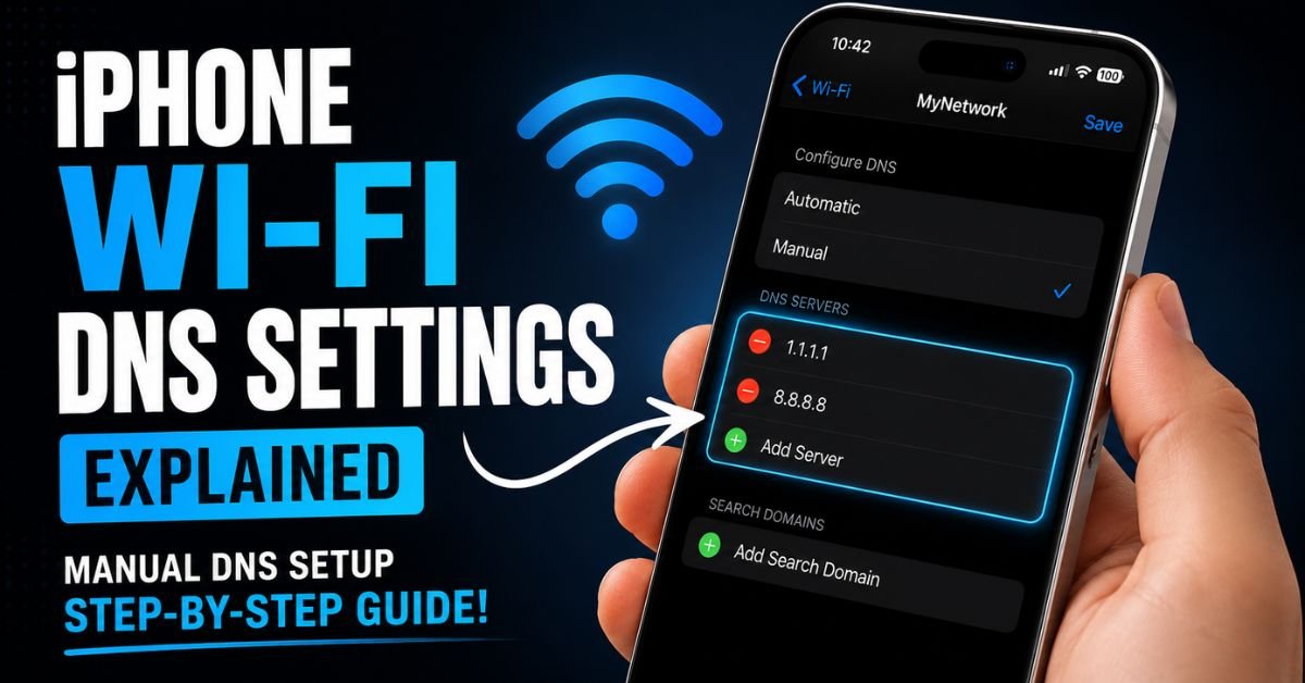 A hand holding an iPhone displaying its Wi-Fi network configuration menu, focusing on the manually entered DNS settings.