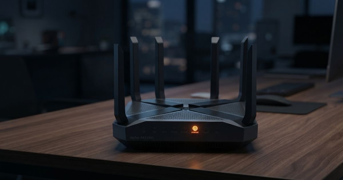 A high-end TP-Link Archer router sitting on a modern wooden desk, a single orange status light glowing in a dim room