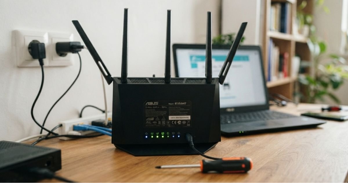 A high-end WiFi router sitting on a wooden desk with glowing status lights, shallow depth of field, realistic home office environment