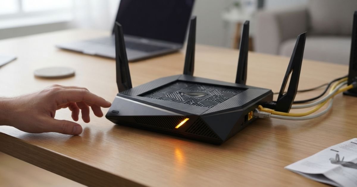 A high-end modern Wi-Fi 6 router sitting on a wooden desk with a frustrating amber/orange status light blinking