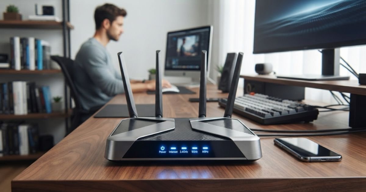 A high-end modern WiFi router sitting on a wooden desk with glowing blue status lights, realistic home office backgroun