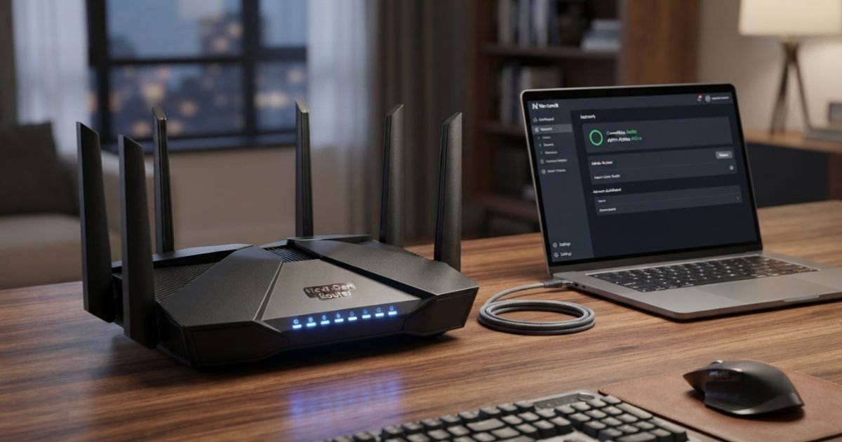A high-end modern wireless router with glowing blue LED lights sitting on a wooden desk next to a laptop