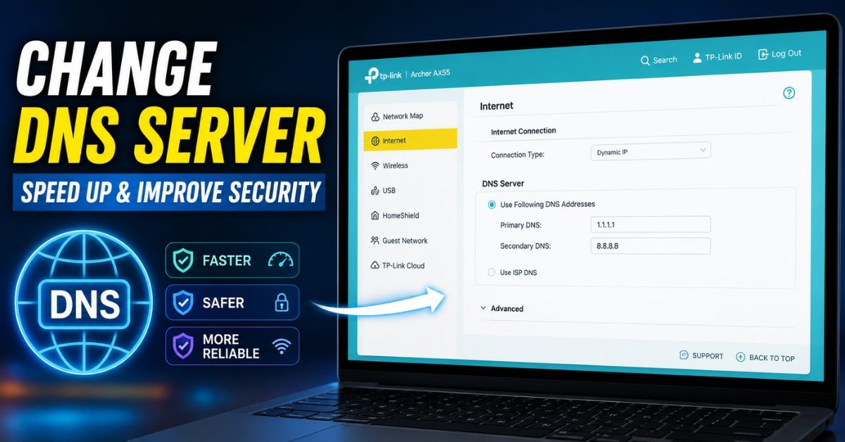 A laptop screen displaying a router admin dashboard, highlighting DNS server input fields, realistic interface style.