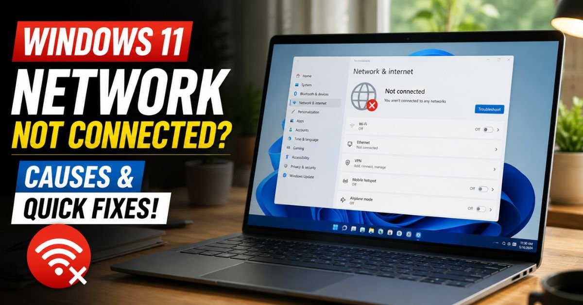 A modern Windows 11 laptop on a wooden home office desk displaying a network connection settings menu with a disconnected icon.