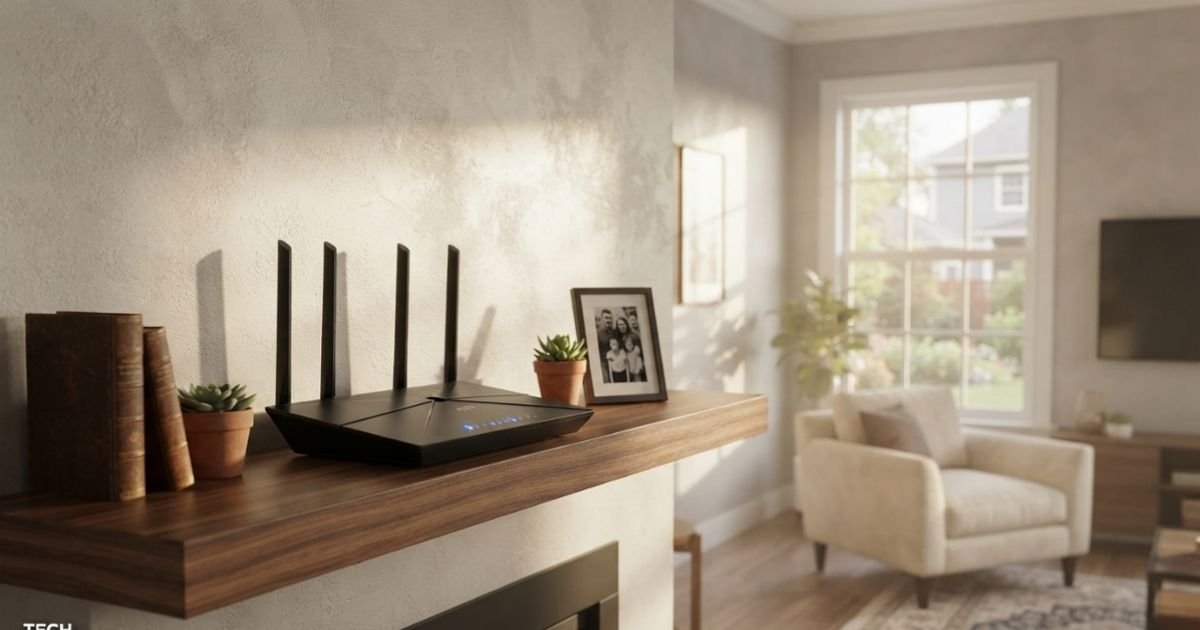 A modern high-end WiFi router with glowing blue LED lights sitting on a wooden shelf in a sunlit American living room