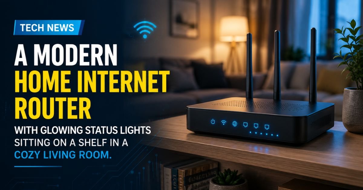 A modern home internet router with glowing status lights sitting on a shelf in a cozy living room.