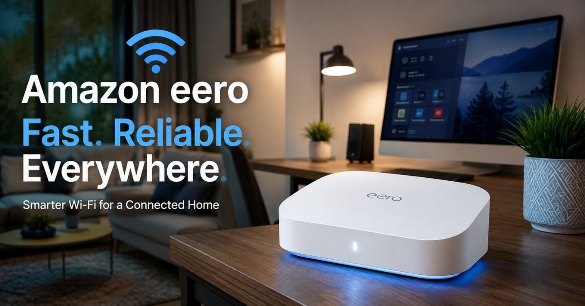 A modern home living room corner featuring a minimalist desk with a glowing white Amazon Eero router on it, with a clean desktop setup in the background.