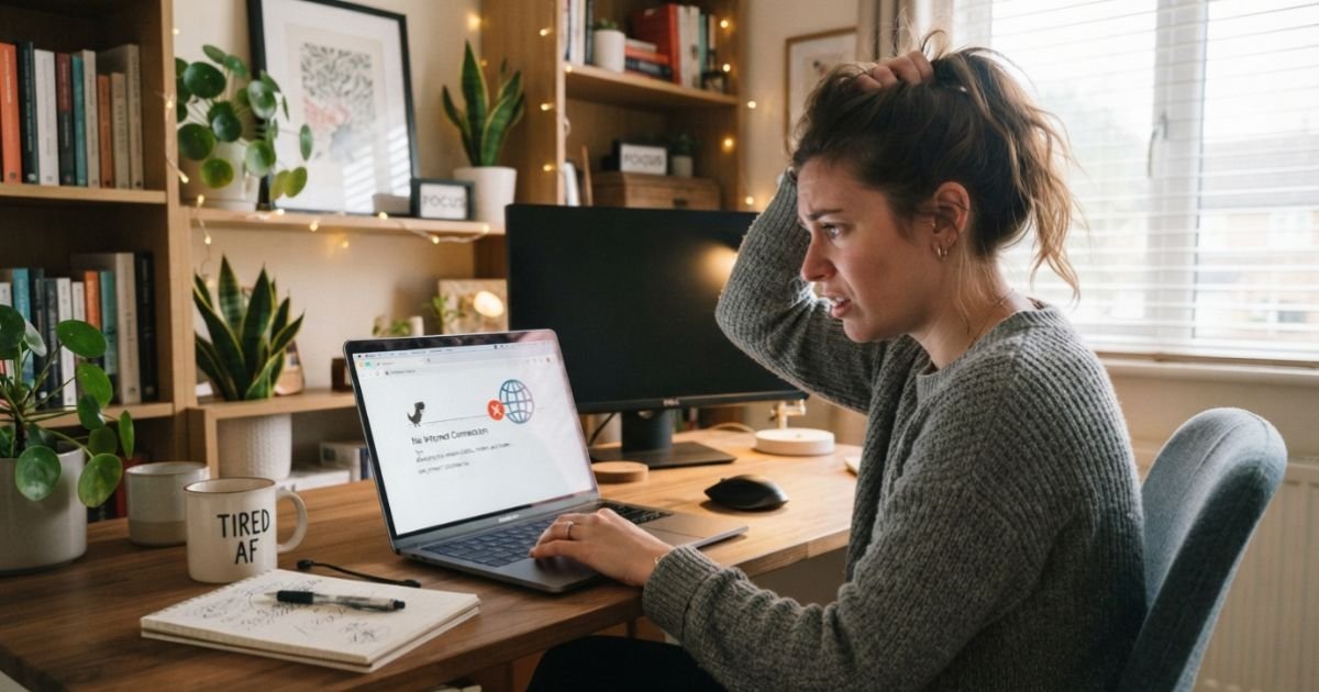 A modern home office desk with a frustrated person looking at a laptop showing a network connection error icon