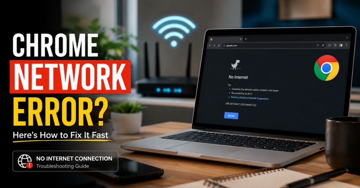 A modern home office setup with a laptop showing a network connection error in Chrome, a soft-focus router in the background.