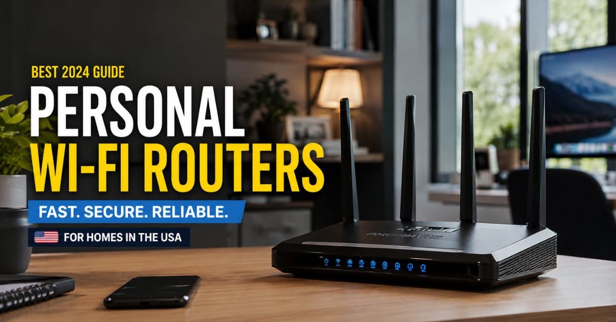 A modern personal Wi-Fi router sitting on a wooden desk in a well-lit US home office, realistic tech-blog aesthetic.