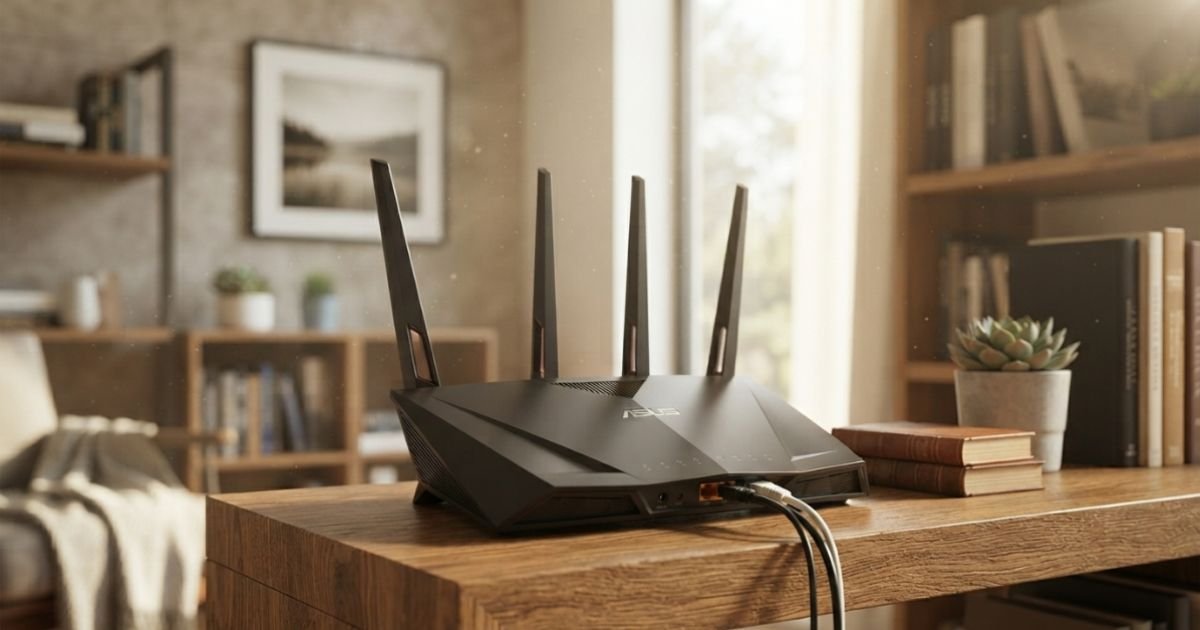 A modern sleek WiFi router sitting on a wooden shelf in a sunlit American living room, realistic tech photography style