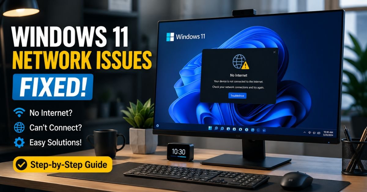 A modern workspace with a sleek Windows 11 computer screen displaying a network warning icon, clean setup, professional realistic style.