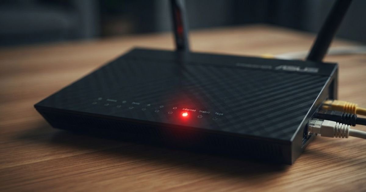 A realistic close-up photo of a modern black wireless router on a wooden desk showing a glowing red indicator light