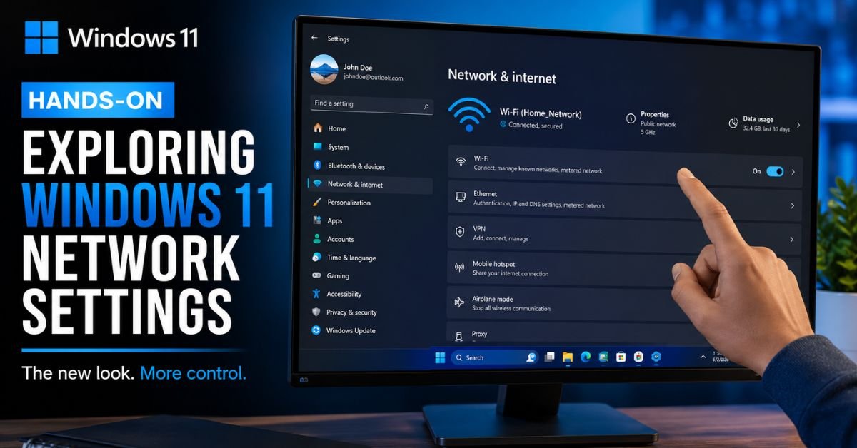 Hands-on close-up of a user navigating the modern Windows 11 network settings screen on a monitor.