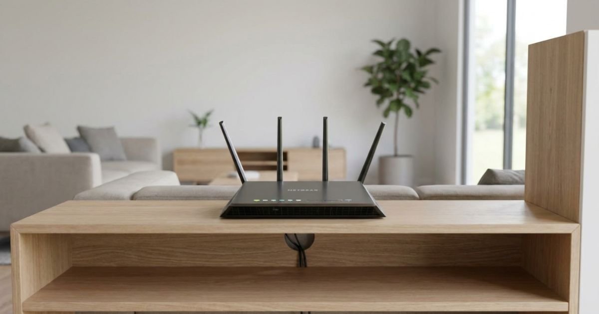 A Netgear router placed on an open shelf with plenty of space around it for ventilation, in a modern clean living room