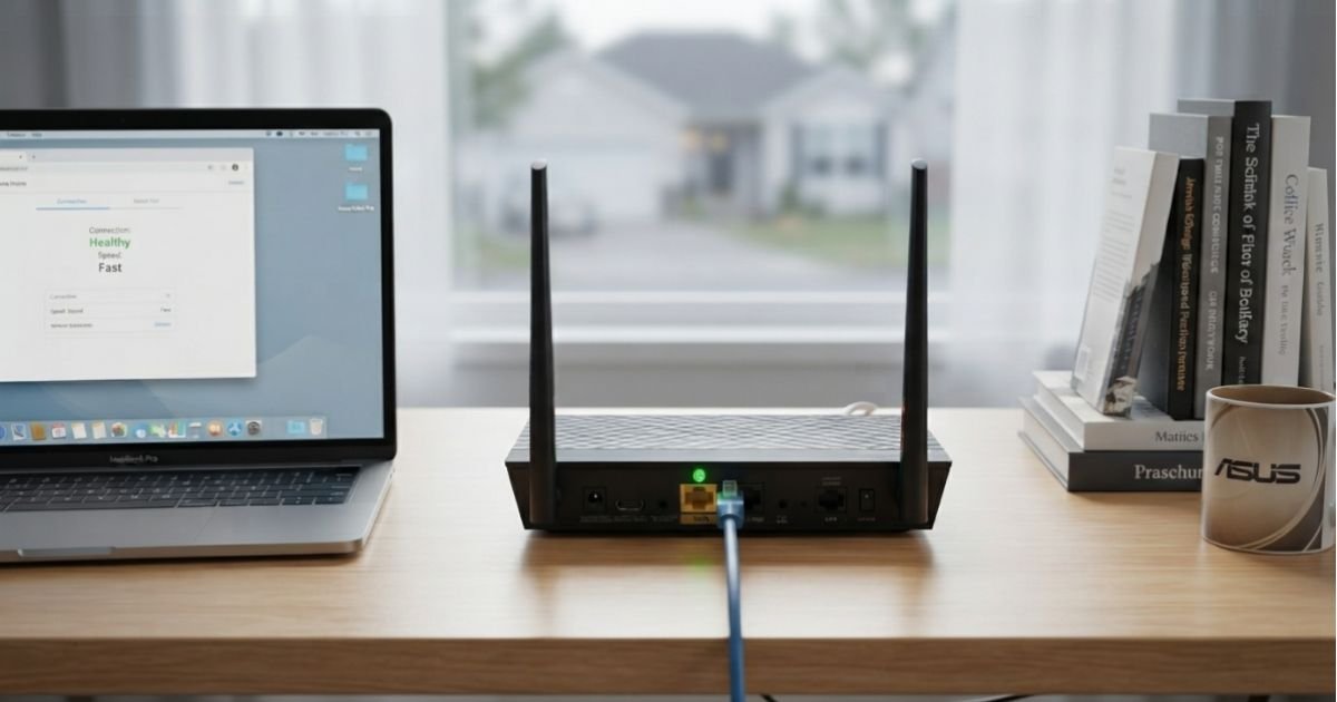A clean home office setup with a router showing a healthy green light next to a laptop