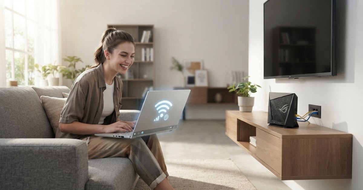 A clean, modern living room where a person is happily using a laptop with a strong Wi-Fi signal