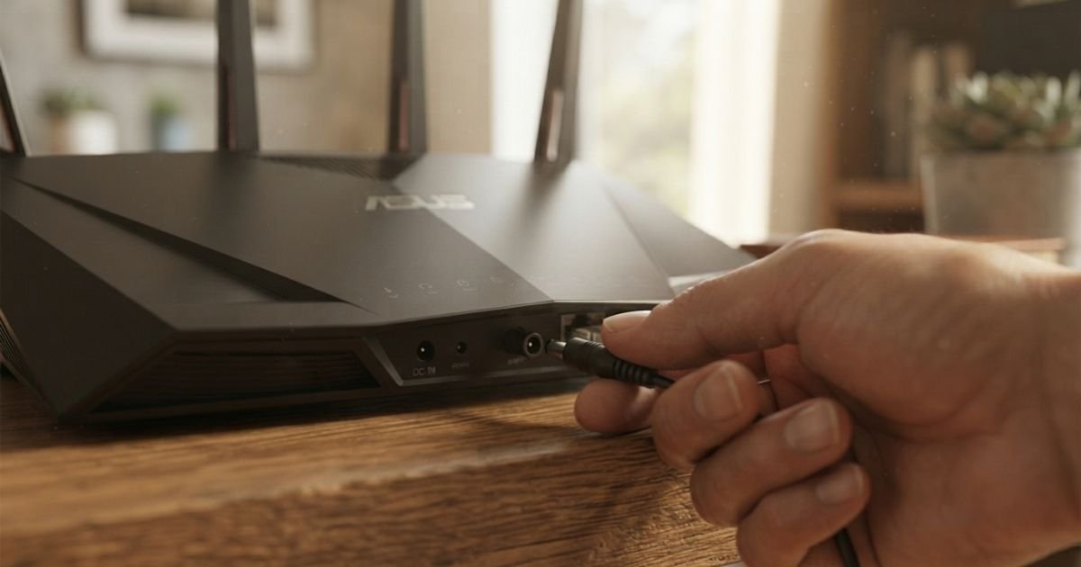 A close up of a hand pulling a black power cable from the back of a router, realistic lighting