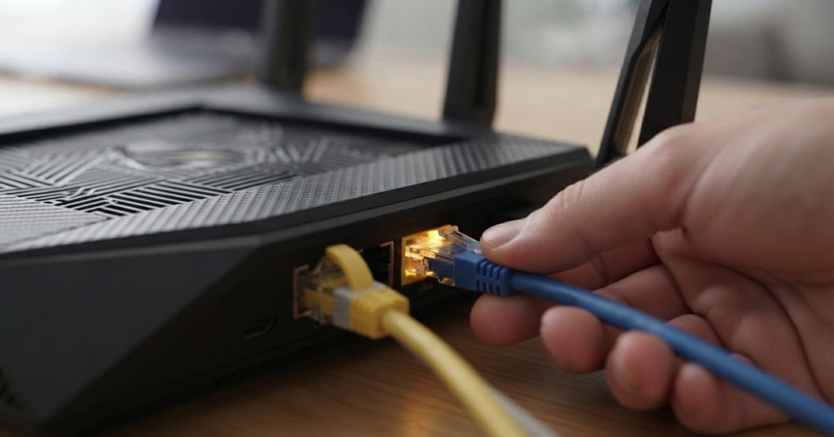 A close up of a person's hand correctly inserting a blue Cat6 Ethernet cable into a yellow WAN port