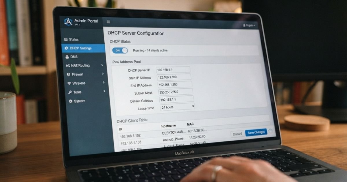 A close up of a router admin interface on a laptop screen showing DHCP settings and IP ranges