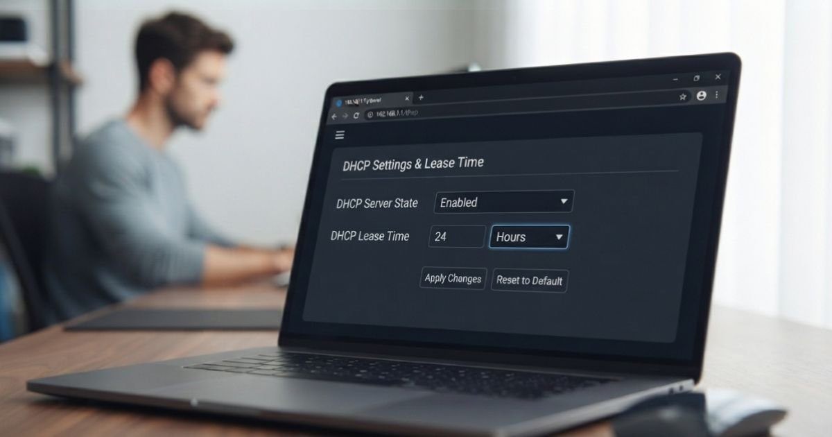 A close up of a router admin interface on a laptop screen showing DHCP settings and lease time options