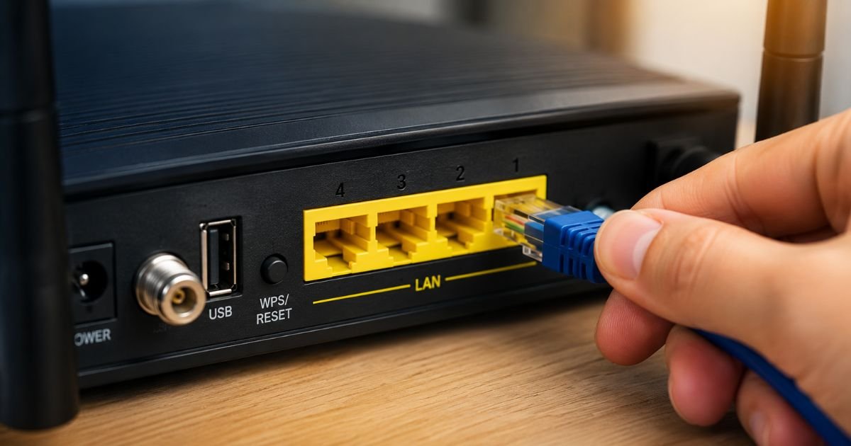 A close up shot of a hand inserting an Ethernet cable into a routers yellow LAN port on the back of the device
