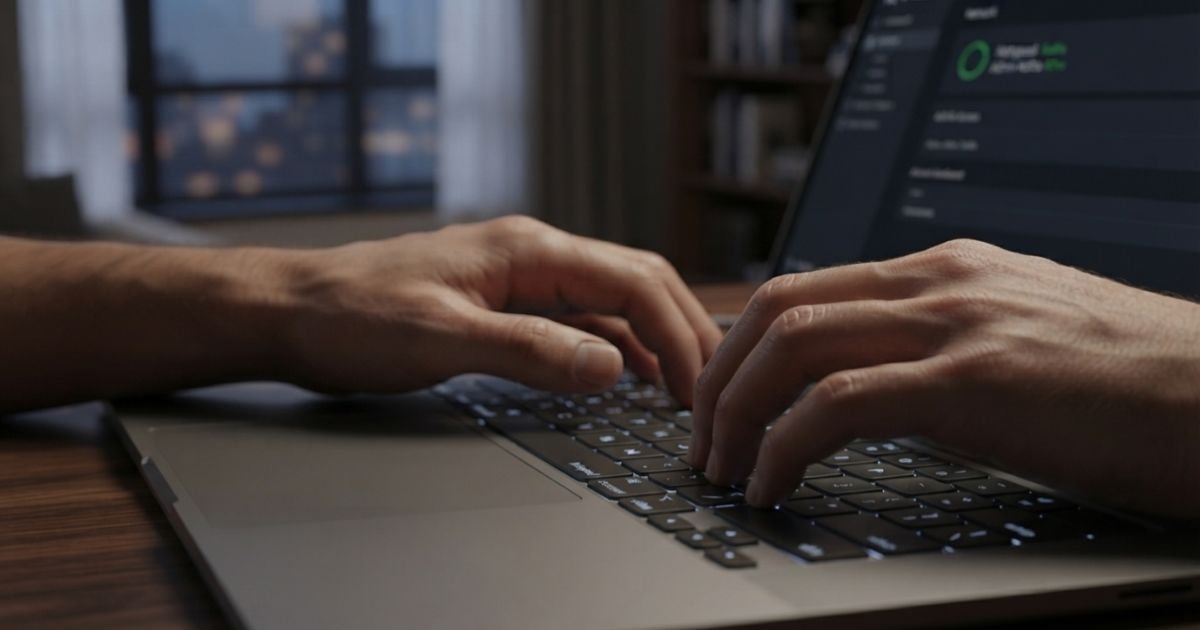 A close-up shot of a person's hands typing on a backlit laptop keyboard in a dimly lit room