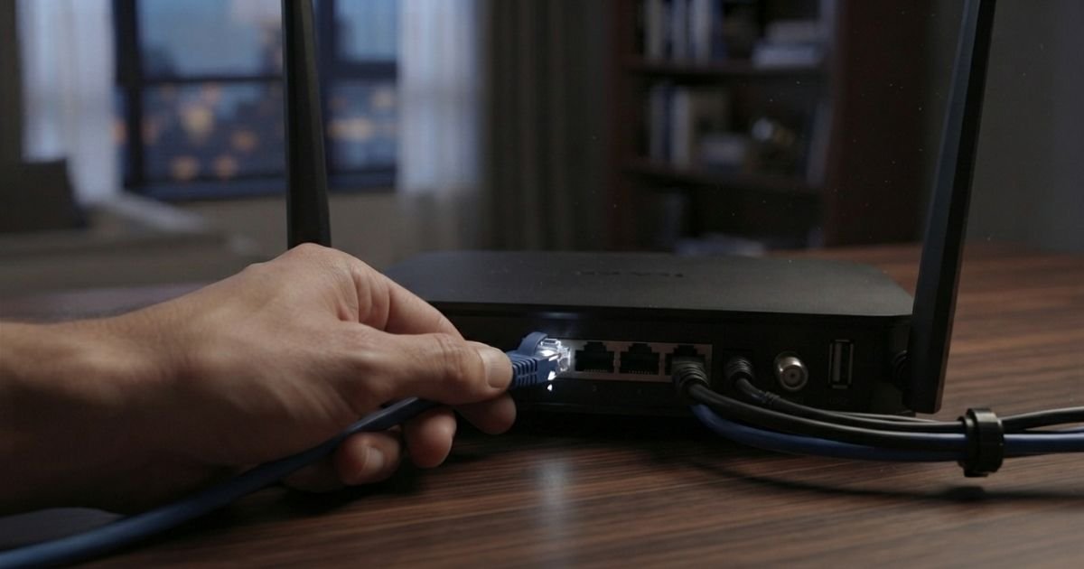 A hand plugging a blue Ethernet cable into the back of a modern black internet router