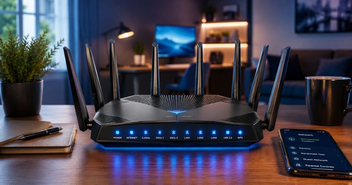A high-performance tri-band Wi-Fi router sitting on a modern wooden desk with glowing blue status LED lights in a cozy home office setting.