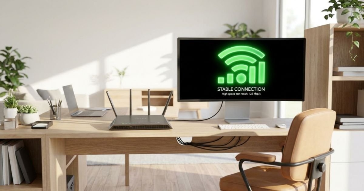 A modern home office with a strong, active Wi-Fi signal indicator lit up on a desktop monitor, showing a stable connection
