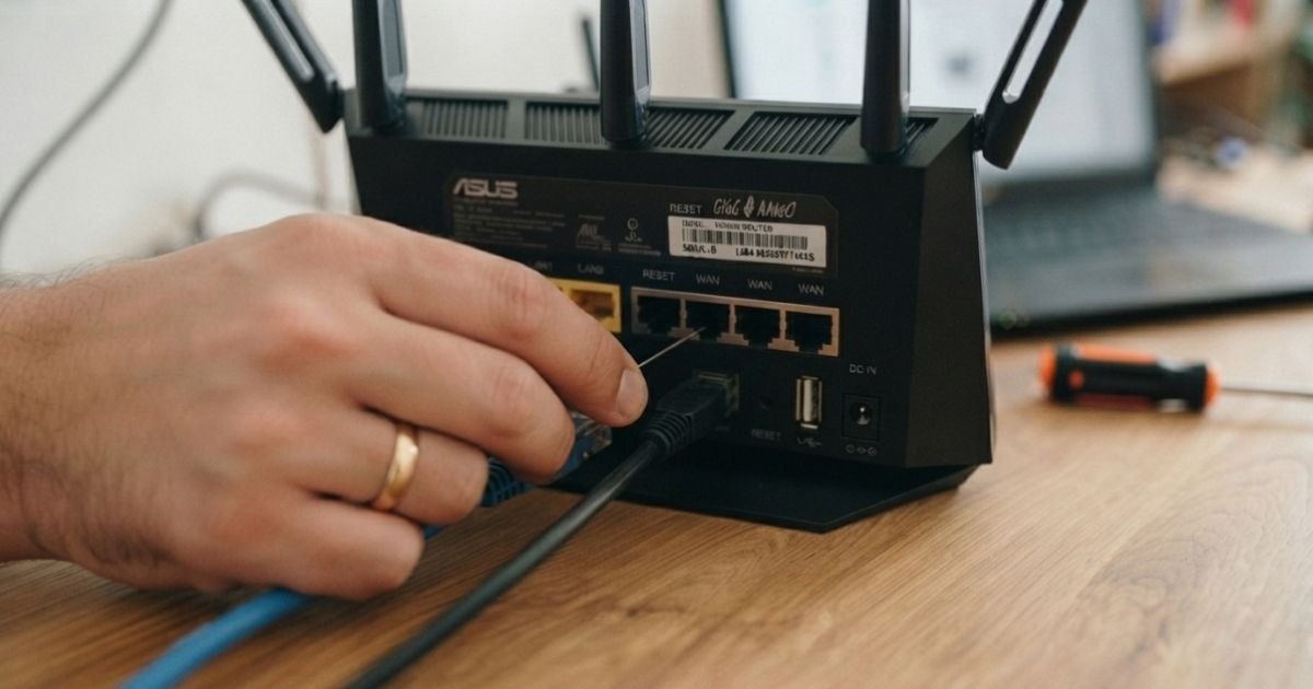 A person holding a small pin to press the recessed reset button on the back of a router