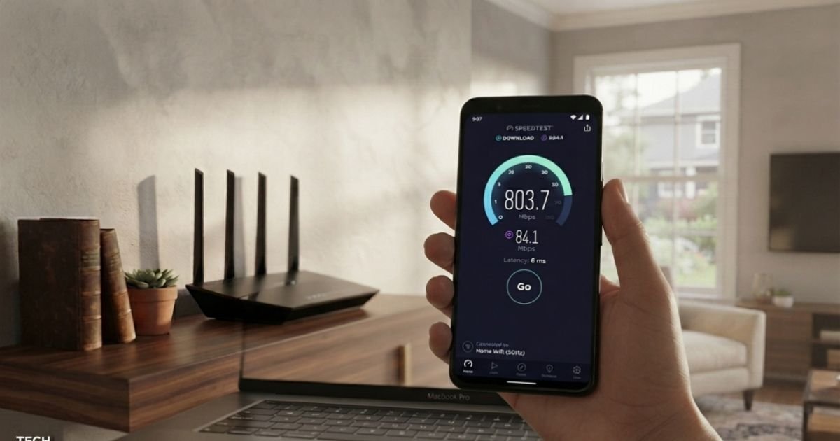 A person holding a smartphone showing a high-speed internet result of 800 Mbps on a speed test app