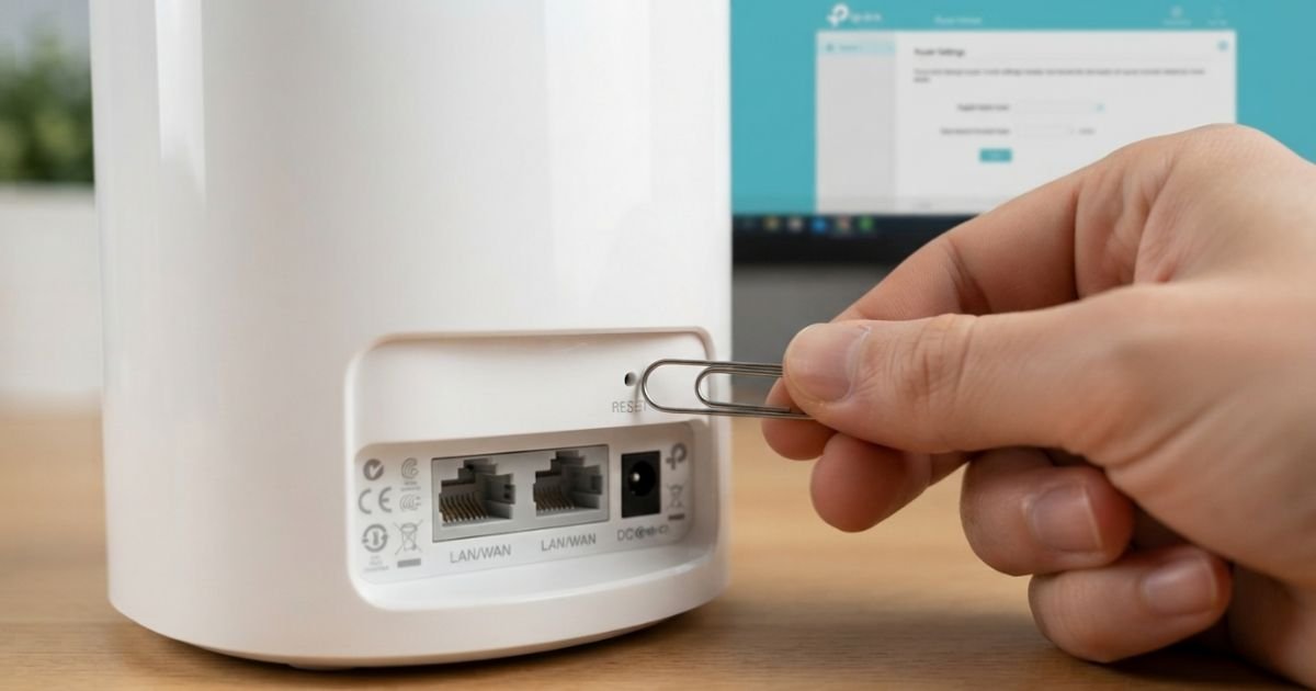 A person using a paperclip to press the reset button on the back of a white TP-Link Deco unit