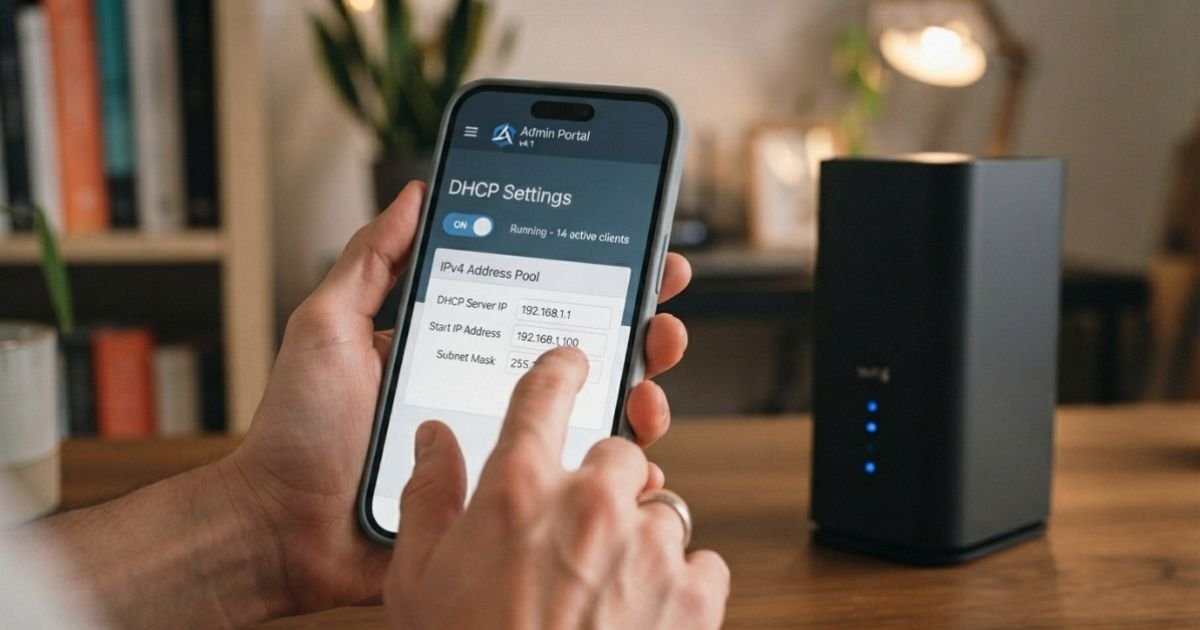 A person using a smartphone to configure a home Wi-Fi network next to a sleek modern router