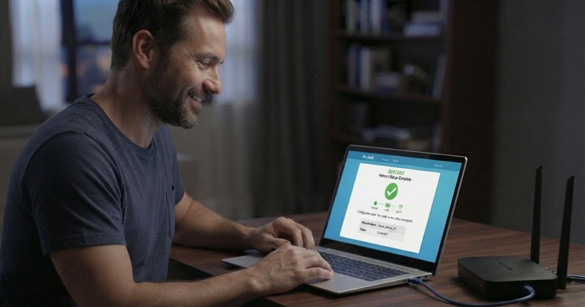 A satisfied person sitting at a desk with a laptop showing a successful router configuration screen.