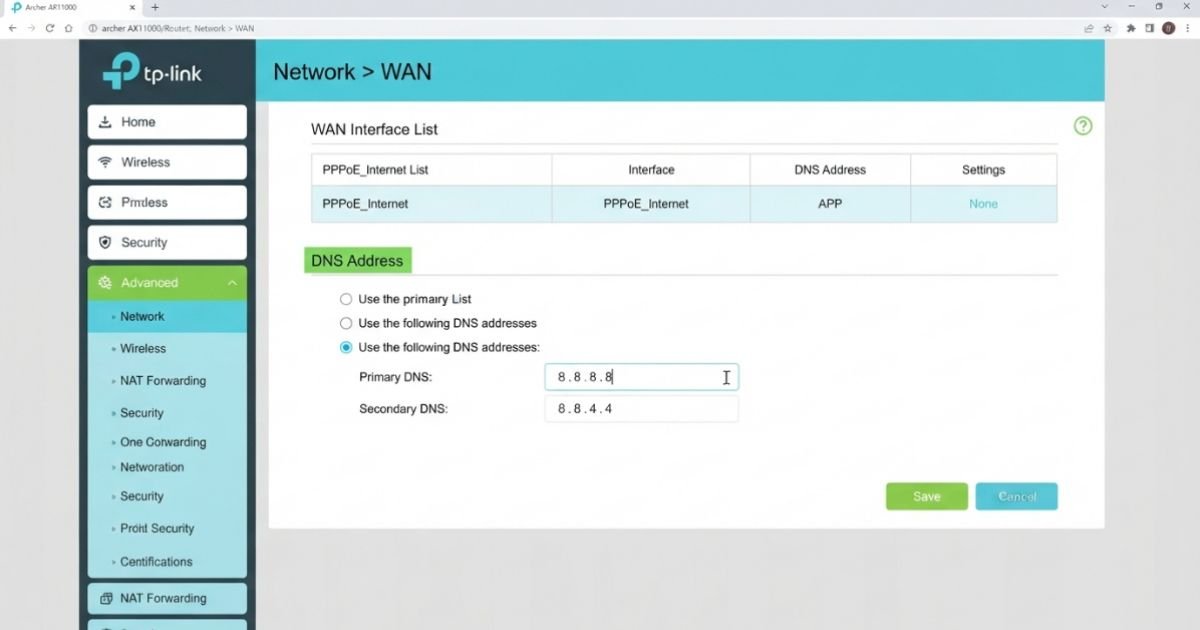 A screenshot of a TP-Link router web interface showing the WAN settings page with DNS fields being edited, clean and professional