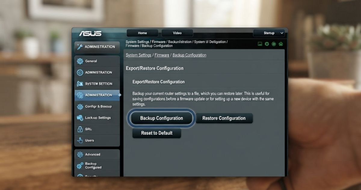 A screenshot of a router admin interface showing a 'Backup Configuration' button, clean and modern UI