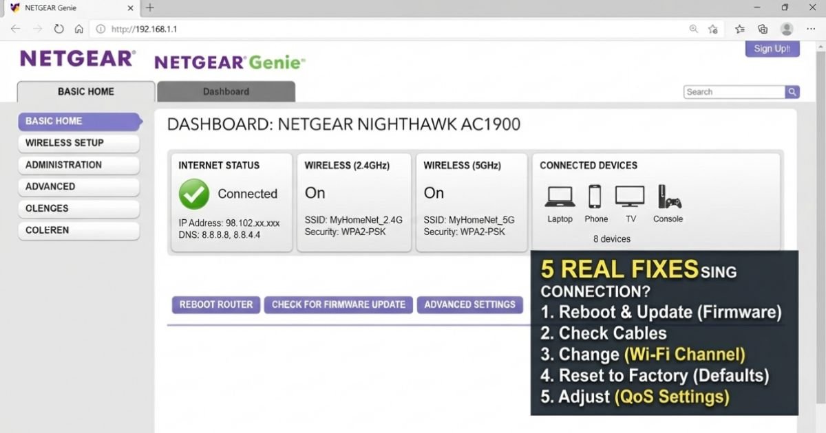 A screenshot of a web browser displaying the Netgear router administrative settings panel at 192.168.1.1.