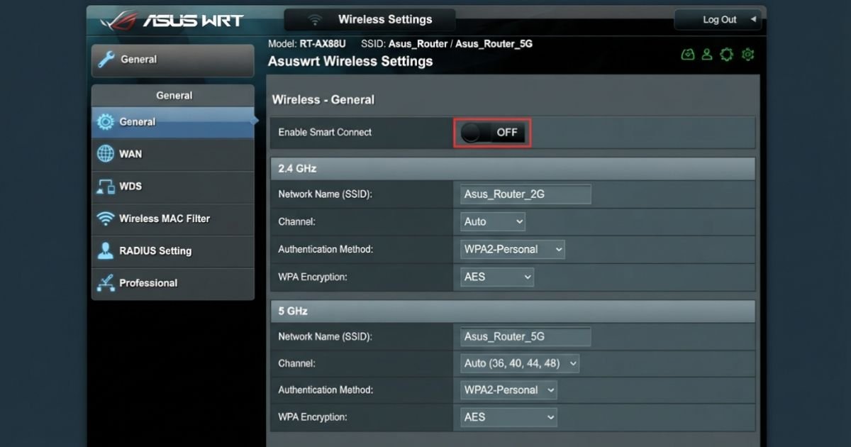 A screenshot of the Asuswrt web interface showing the wireless settings page with Smart Connect toggled off