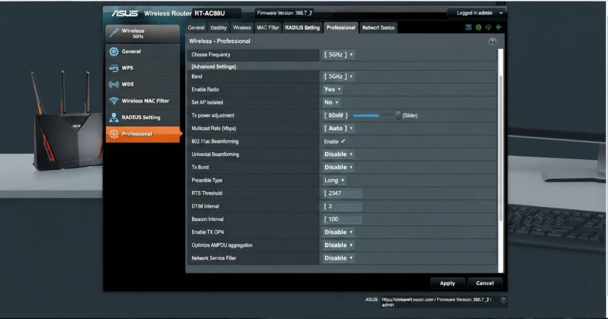 A screenshot of the advanced Professional tab inside the Asuswrt interface, showing wireless advanced settings