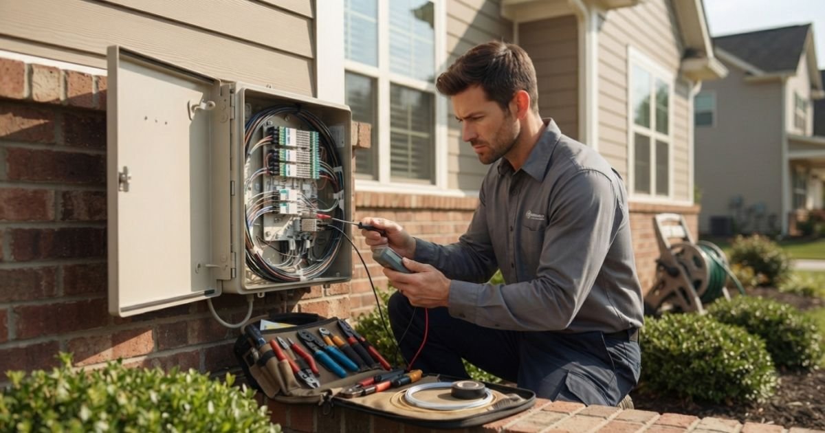 A technician checking a cable box on the outside of a suburban US house with tools