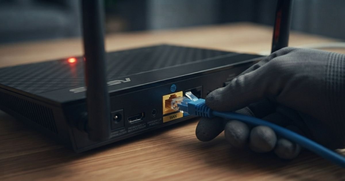 A technician's hand plugging a blue Ethernet cable into a yellow WAN port on the back of a router